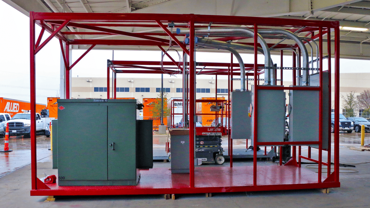 view of a red prefabricated electrical skid
