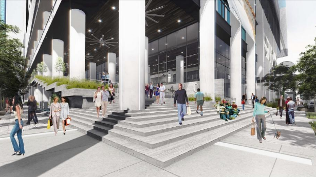Rendering of a building courtyard with multiple people surrounding the building