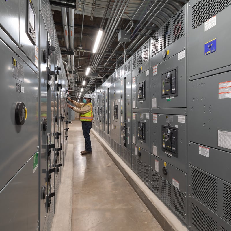 A man wearing a bright yellow vest monitoring an electric control room