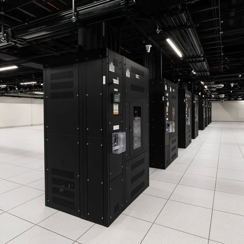 mission critical white space with rows of black cabinets