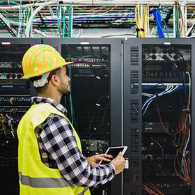 man wearing hard hat and safety vest in data center