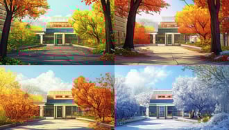 Illustration of four seasonal views of the same building: spring, summer, fall, and winter.
