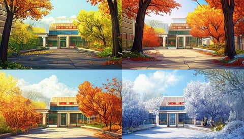 Illustration of four seasonal views of the same building: spring, summer, fall, and winter.