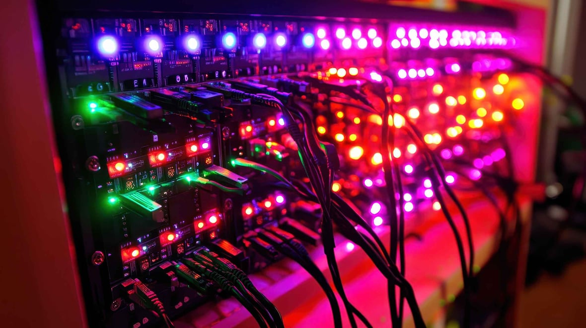 Close-up view of a networked electronic control board with illuminated multicolored LED lights and dark cabling