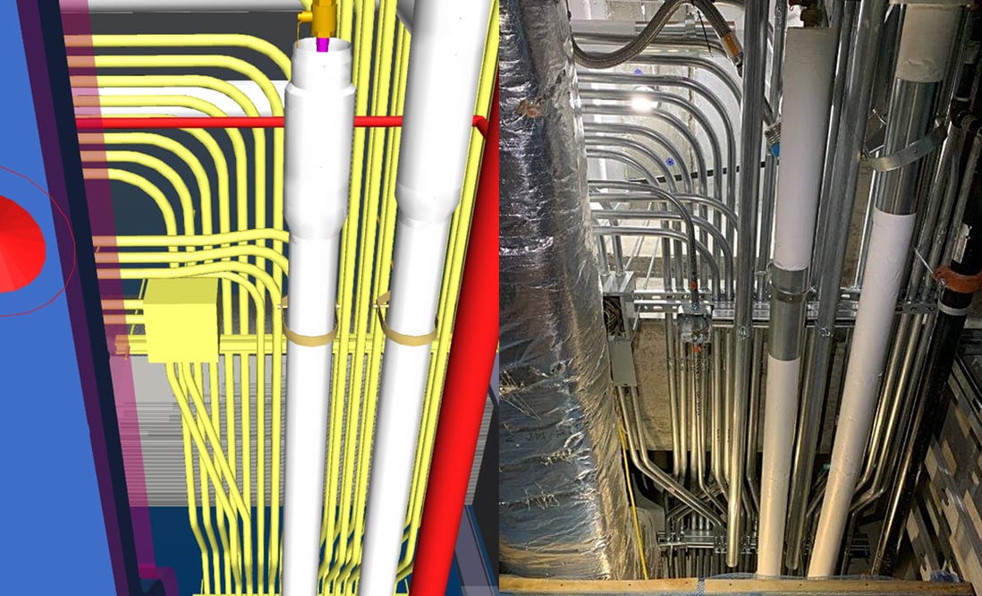 side by side view of conduit rendering compared to the fully-constructed conduit