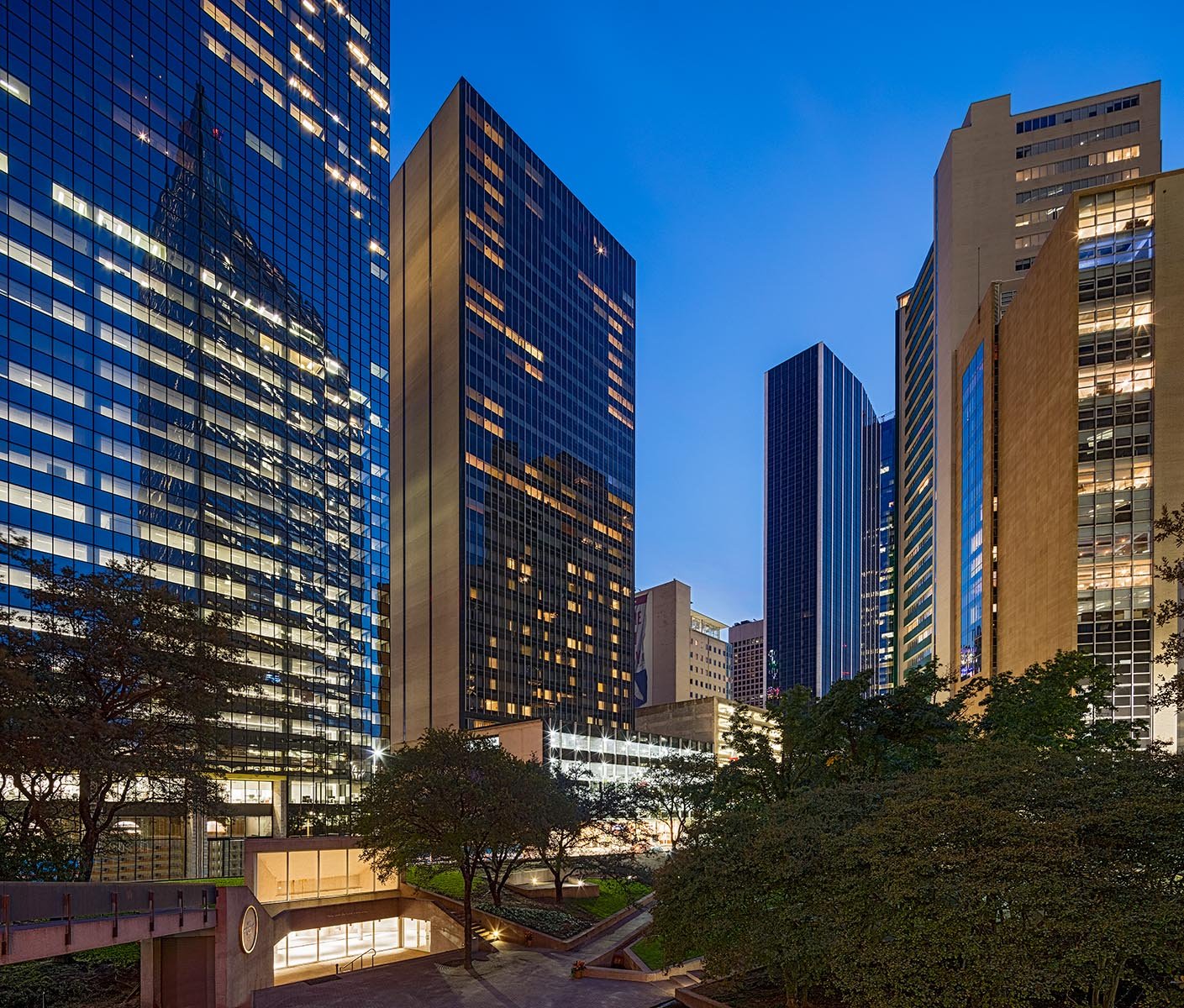 Exterior view of multiple high-rise buildings in a downtown area