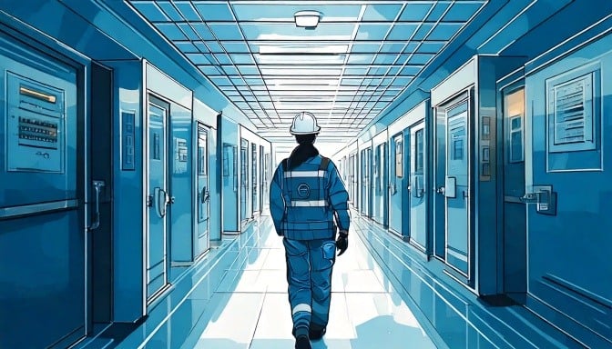 Illustration of a technician in safety gear walking down a hallway in a healthcare facility lined with facility room doors.