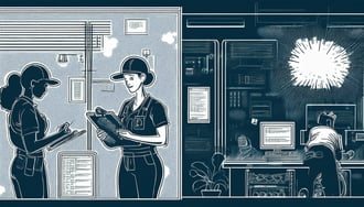 Illustration of two women conducting a facility inspection on the left, while a worker on the right is troubleshooting on two computer screens.