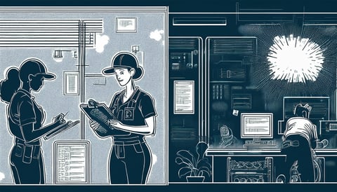 Illustration of two women conducting a facility inspection on the left, while a worker on the right is troubleshooting on two computer screens.