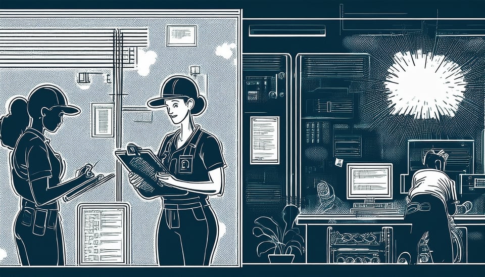 Illustration of two women conducting a facility inspection on the left, while a worker on the right is troubleshooting on two computer screens.