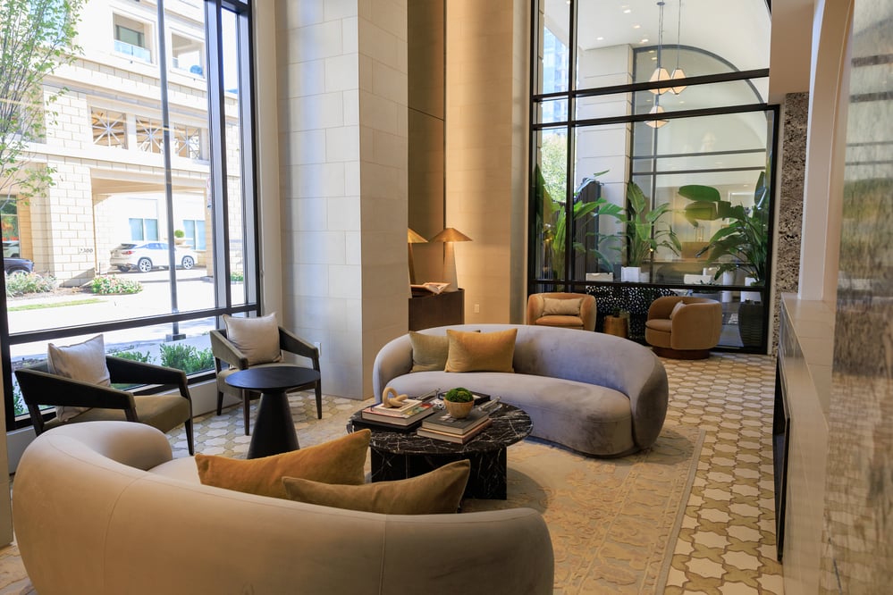 interior lobby view with contemporary furniture and tiled flooring