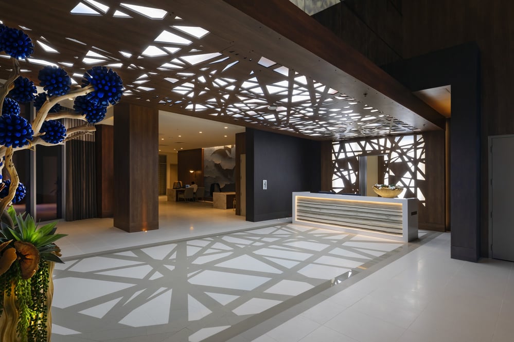 Contemporary lighting inside of a modern hotel lobby