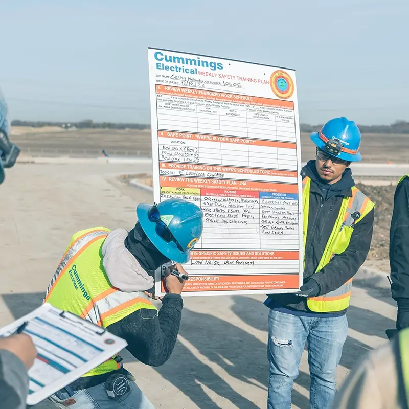 two men with PPE holding and writing on a large board with a Weekly Safety Training Plan