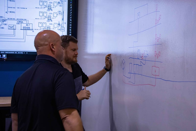 two men writing on a white board with a one-line diagram on a screen behind