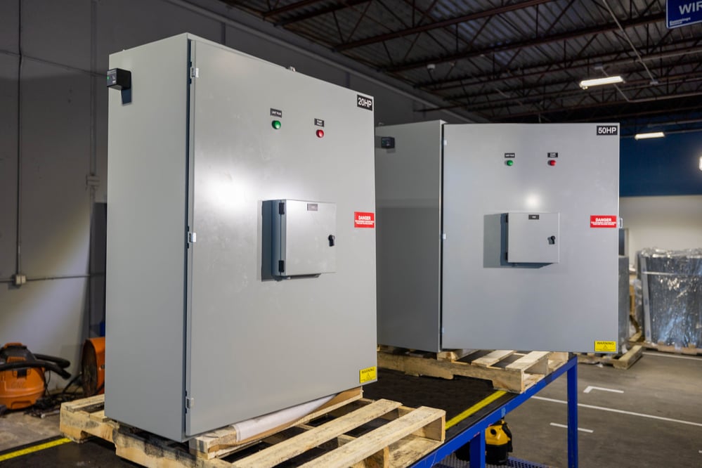 View of multiple prefabricated electrical control panels