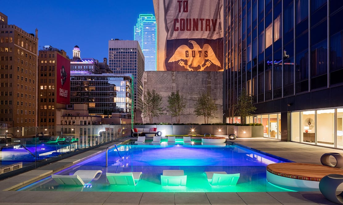 Downtown poolside view of a dense cityscape