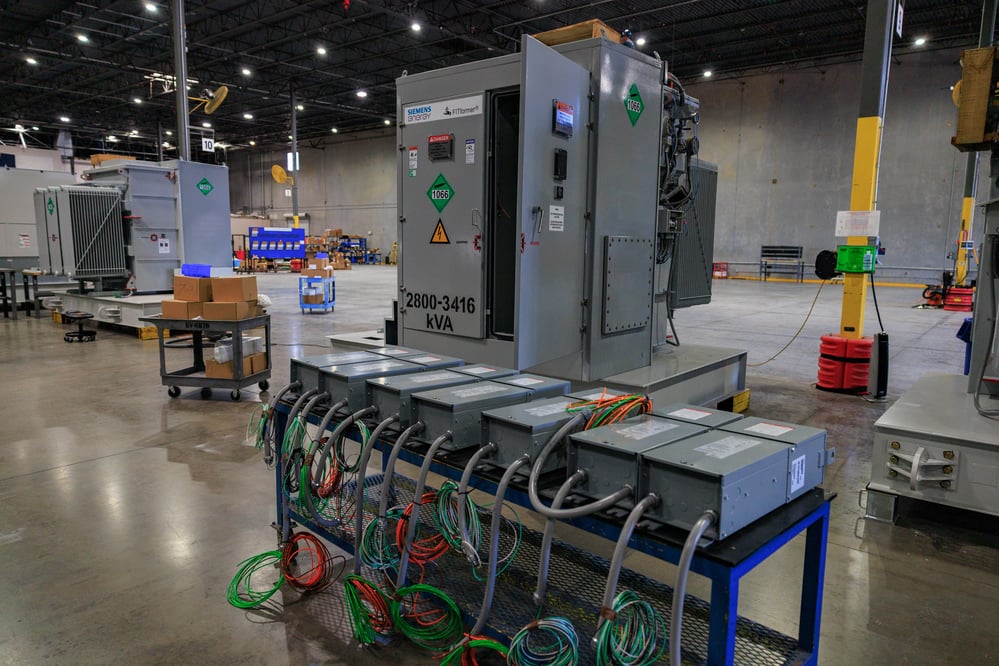 A prefabricated skid being worked on inside of a warehouse