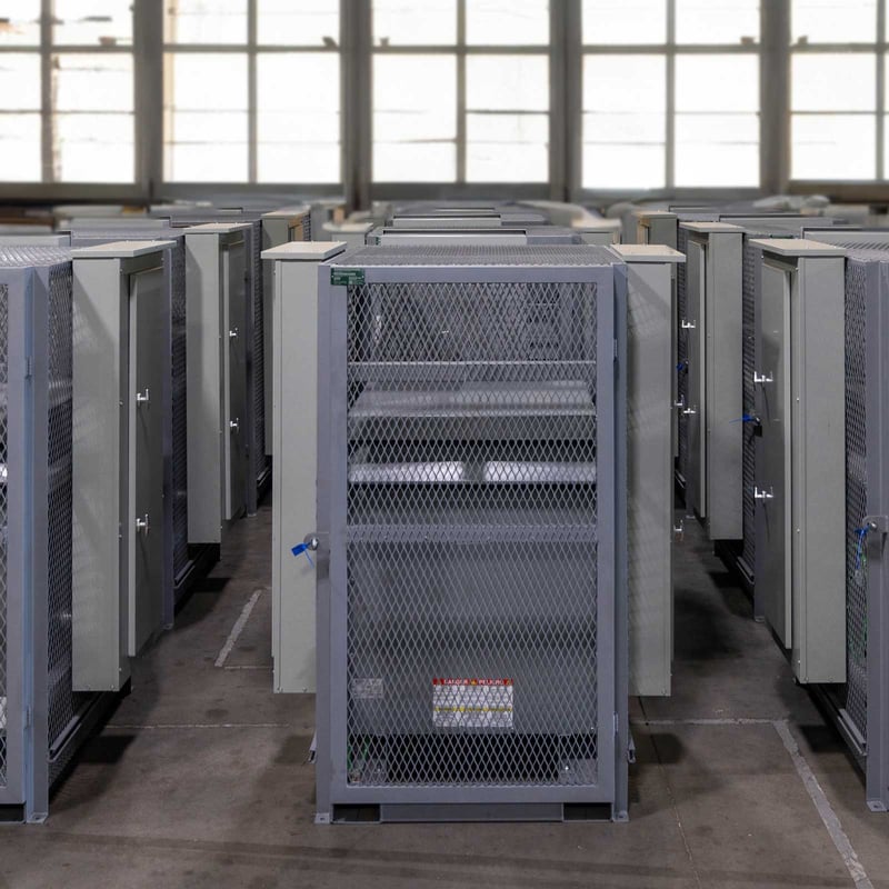 Rows of EV charging skids
