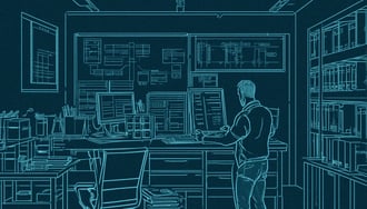 Illustration of a person working in a well organized workspace in a facility maintenance office with multiple monitors, bulletin boards, and a bookshelf.