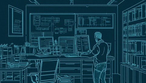 Illustration of a person working in a well organized workspace in a facility maintenance office with multiple monitors, bulletin boards, and a bookshelf.