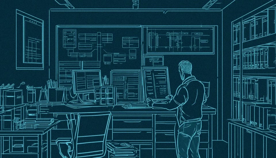 Illustration of a person working in a well organized workspace in a facility maintenance office with multiple monitors, bulletin boards, and a bookshelf.