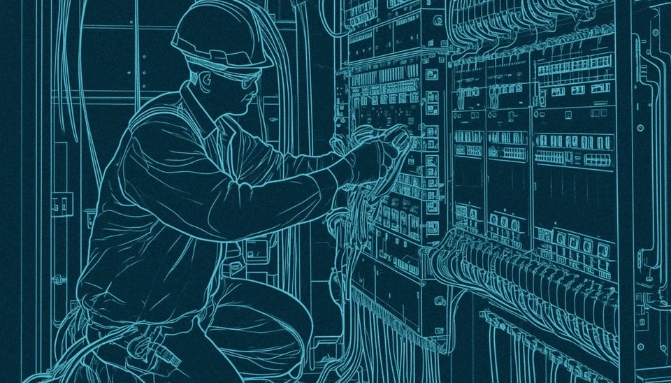 Illustrated image of an electrician working on a panel filled with wires and breakers.