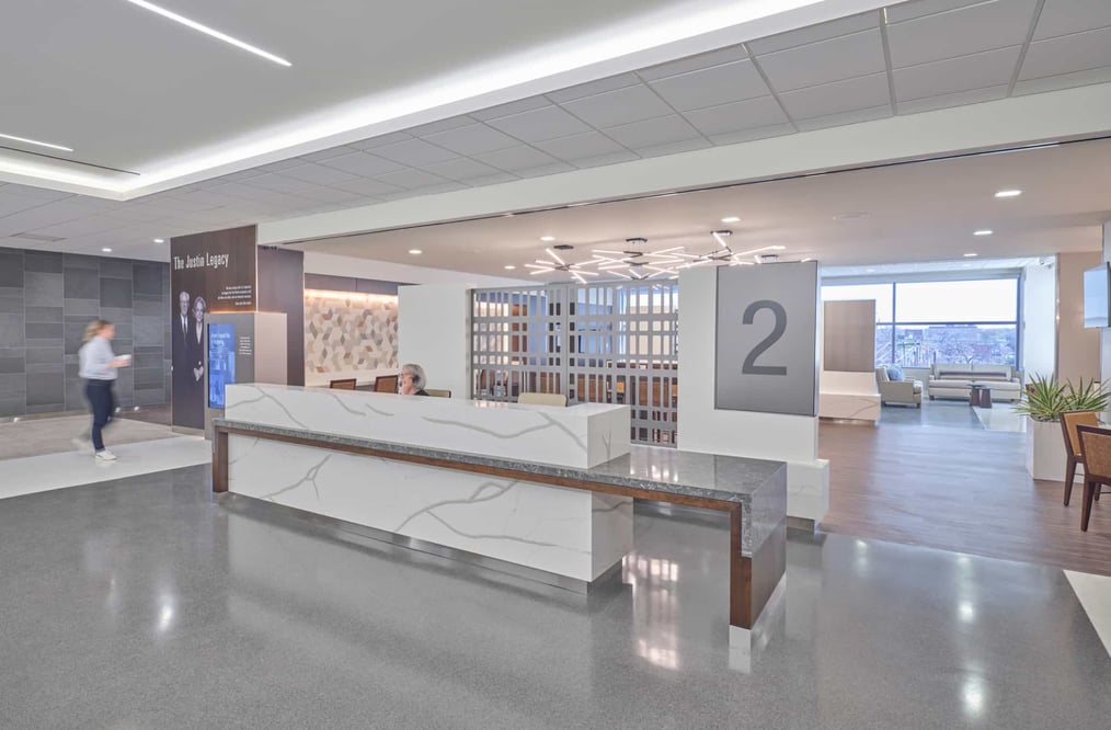 A modern indoor view of a medical center reception area